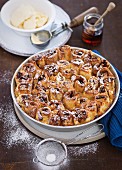 Bread and butter pudding with icing sugar