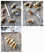 Hand-crafting a napkin ring threaded with acorns