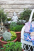 Potted herbs, Buddha statue and white orchids next to white wicker chair in garden