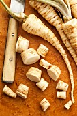 Parsley root, whole and sliced
