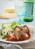 Chicken and aubergine roulade with tomato sauce