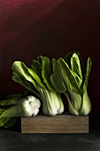 Three bok choy in a wooden crate