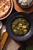 Saag Paneer (cheese dish with spinach, India) with rice and naan bread