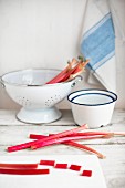 Young rhubarb in a colander and on a chopping board