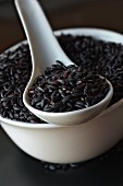 Black rice in a bowl and on a spoon