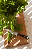 Fresh chopped spinach on a chopping board with a knife