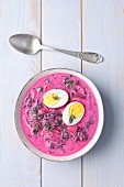Cold beetroot soup with leaves, yoghurt, radishes, egg and dill