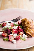 Crispy duck with young beetroot and goat's cheese