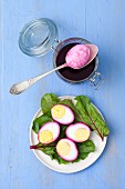 Hard-boiled eggs marinated in beetroot juice