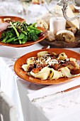 Pappardelle with meat ragout and a side of vegetables
