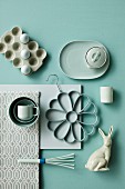 Kitchen utensils and home accessories in shades of pastel green