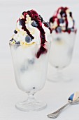 Blueberries on frozen yoghurt ice cream with white chocolate
