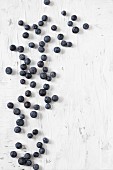 Blueberries scattered on a white surface