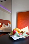 A fruit platter in a hotel room in the Mintrops Land Hotel Burgaltendorf in Essen, North Rhine Westphalia