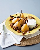 Poached pears with walnuts and yoghurt