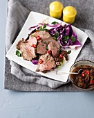 Beef salad with red cabbage and parsley