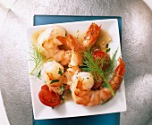 Prawns with fennel leaves, tomatoes and parsley