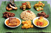 Various Nyonya dishes on banana leaves (Malaysia)