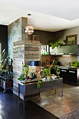 Unterschiedliche Materialien im Wohnraum mit offener Küche, von Rustikal bis Edel, belebt mit Grünpflanzen