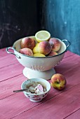 Pfirsiche, Weinbergpfirsiche und Zitronen im Küchensieb, daneben Fürst-Pückler-Eis