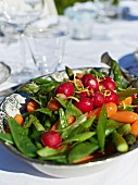 Vegetable salad with mangetout radish, carrots and asparagus