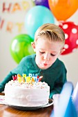 A boy blowing out candles on a birthday cake
