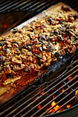 Char fillet with vegetables on a cedar wood smoking board