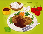A steak with vegetables and sauce (illustration)