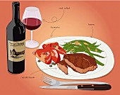 A steak with a side of vegetables and red wine (illustration)