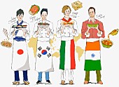 Four chefs from various countries holding typical meals (illustration)