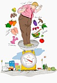 A fat man standing on a kitchen scales (illustration)