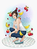 Junge Frau auf der Waage & umgeben von Obst (Illustration)