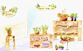 A bakers with baked goods, cakes and pastries (illustration)