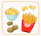 An arrangement of potato, crisps and fries (illustration)