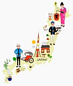 Symbolbild für Japan mit typischen Attraktionen auf Landkarte (Illustration)