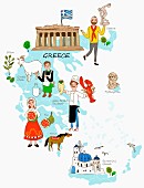 Symbolbild für Griechenland mit typischen Attraktionen auf Landkarte (Illustration)