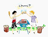 Two friends raising glasses of beer over a BBQ (illustration)