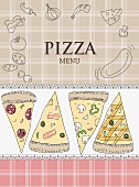 Pizza-Menükarte mit Pizzastücken, Zutaten & Schriftzug Pizza (Illustration)