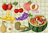 Verschiedenen Obstsorten & Melone gefüllt mit Obstsalat (Illustration)