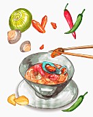 Pasta with seafood surrounded by ingredients (illustration)