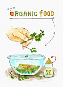 Salatschüssel mit Zutaten darüber Schriftzug Organic Food (Illustration)