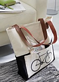 Linen shopping bag with iron-on transfer of bicycle motif