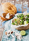 Watercress salad with roasted chicken breast and coconut