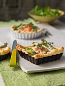 Spring onion and salmon quiche with salmon tatar