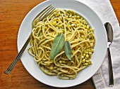 Spaghetti and corn salad with sage and cheese