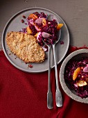 Duck escalope in Panko crumbs on red cabbage salad with nashi pears