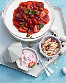 Bavarian cream with strawberry compote, strawberry yoghurt and muesli