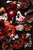 Fruit salad with plums, strawberries, figs and beetroot (seen from above)