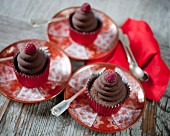 Dark chocolate cupcakes decorated with raspberries