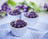 Cupcakes decorated with purple cream and jelly sweets